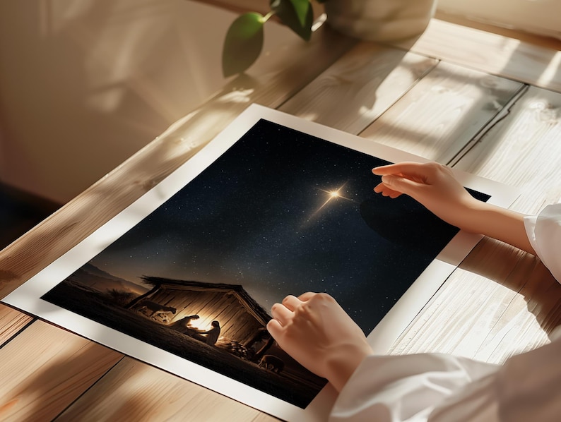 Nativity Scene Art Print – Holy Family Under Star of Bethlehem, Serene ...