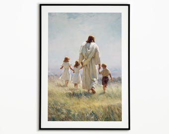 Jesus Walking With Children Poster, Christian Wall Art, Faith Wall Art, Christian Decor, Religious Artwork