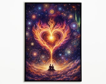 Cosmic Heart Awakening Art Print, Twin Flame Love Poster, Spiritual Universe Wall Decor