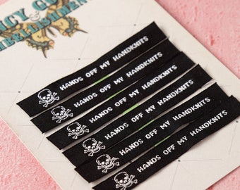 Cotton Woven Labels for handmade items x 6 - 'Hands Off My Handknits' - 10mm, embroidered white on black, clothing, knitwear, knitting