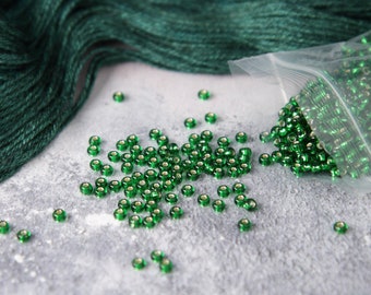 Czech Glass Knitting Beads size 6 (4mm) – Silver-lined green