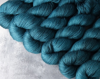 British Wool & Silk blend lace weight hand-dyed knitting yarn 100g - 'Spirulina' deep teal semisolid BFL Bluefaced Leicester laceweight