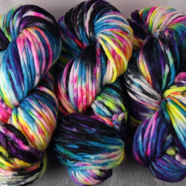 200g skeins! Super chunky/bulky hand-dyed superwash pure Merino wool  knitting yarn – ‘Shinjuku’ black, purple, neon, pink, blue variegated