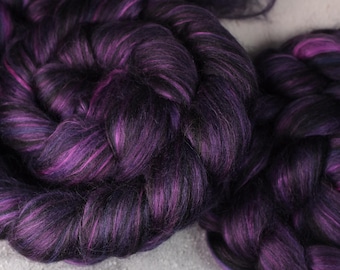 British Wool, baby Alpaca & Mulberry Silk blended tops spinning fibre 100g in ‘Dark Magic’ purple black fiber