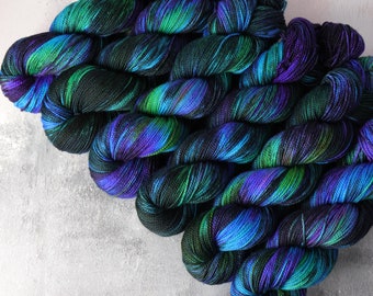 Merino 4 ply/fingering/sock weight wool superwash hand dyed knitting yarn 100g - 'Outer Planets' black, neon purple, green, turquoise