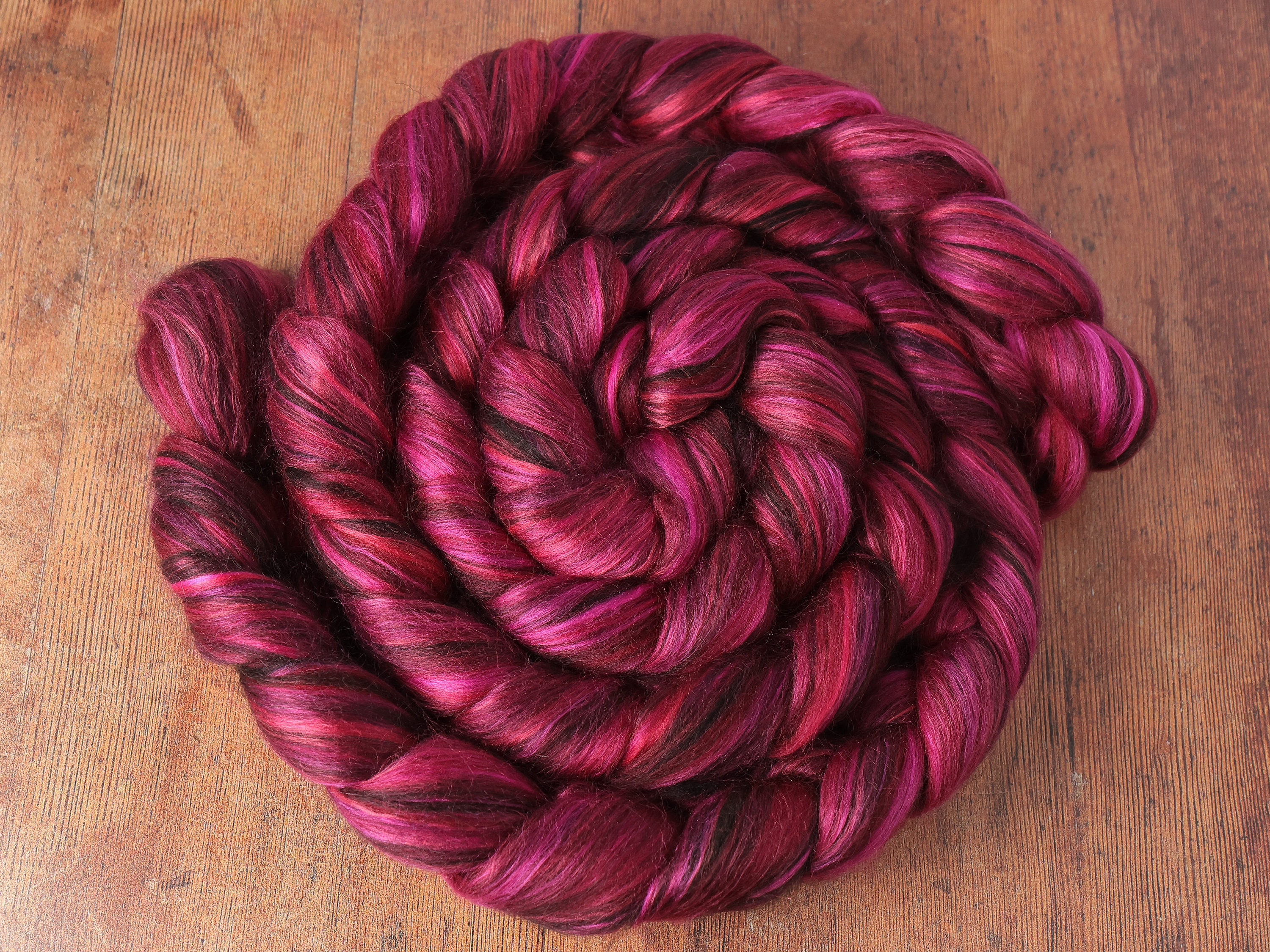 Wool, baby Alpaca & Mulberry Silk blended top spinning fibre 100g in ‘Nostalgia’ purple plum dark pink fiber luxury roving BFL corriedale