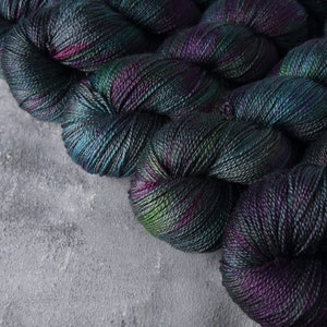 British Wool & Silk blend lace weight hand-dyed knitting yarn 100g - 'Space Race' dark grey gray purple BFL Bluefaced Leicester laceweight