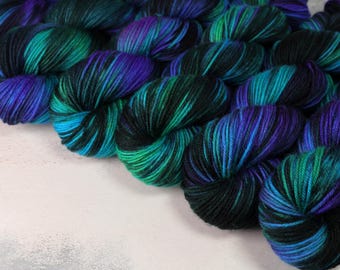 DK British Bluefaced Leicester wool superwash hand-dyed yarn 100g - 'Outer Planets' (mottled black, purple, turquoise, green, neon)