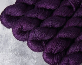 British Wool & Silk blend lace weight hand-dyed knitting yarn 100g - 'Boudoir' dark purple semi solid BFL Bluefaced Leicester laceweight