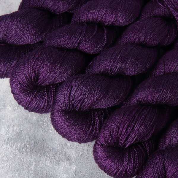 British Wool & Silk blend lace weight hand-dyed knitting yarn 100g - 'Boudoir' dark purple semi solid BFL Bluefaced Leicester laceweight