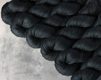 Brilliance 4 Ply - British Wool Silk blend fingering hand-dyed knitting yarn 100g - ‘Obsidian’ very dark almost black