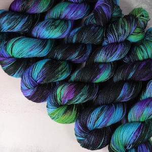 Merino 4 ply/fingering/sock weight wool superwash hand dyed knitting yarn 100g - 'Outer Planets' black, neon purple, green, turquoise