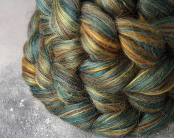 British wool, baby Alpaca & Mulberry Silk blended top spinning fibre 100g in ‘Verdigris’ gold green grey fiber combed luxury BFL roving