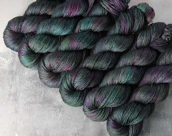 British Wool & Silk 4 ply / fingering weight blend hand-dyed knitting yarn 100g  ‘Space Race’ dark grey purple green BFL Bluefaced Leicester