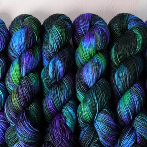 Merino 4 ply/fingering/sock weight wool superwash hand dyed knitting yarn 100g 'Outer Planets' black, neon purple, green, turquoise image 2