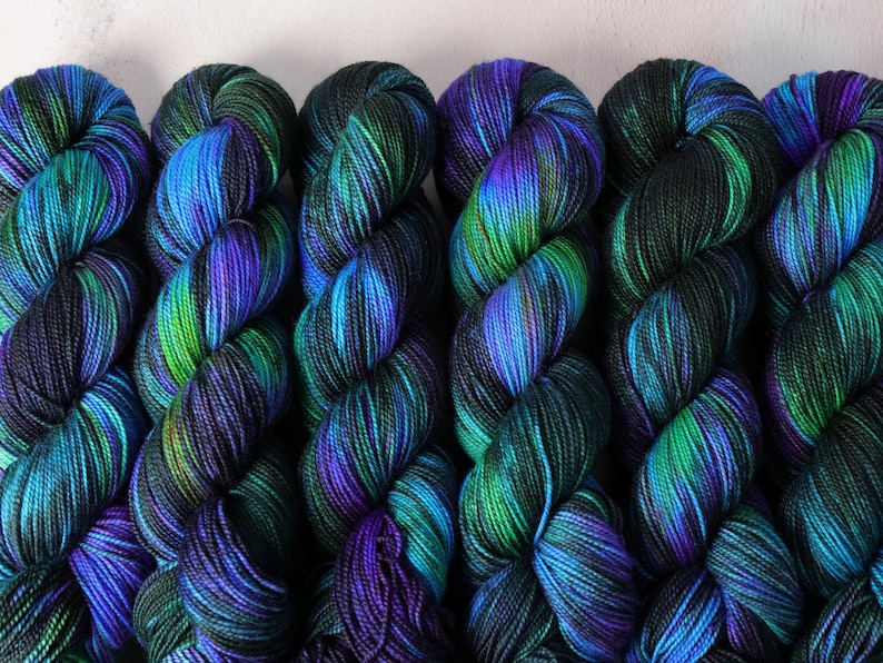 Merino 4 ply/fingering/sock weight wool superwash hand dyed knitting yarn 100g 'Outer Planets' black, neon purple, green, turquoise image 2