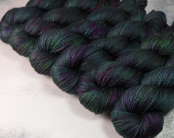 British Wool & Silk blend lace weight hand-dyed knitting yarn 100g - 'Space Race' dark grey gray purple BFL Bluefaced Leicester laceweight