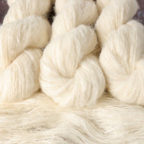 Baby Suri Alpaca & Mulberry Silk blend brushed lace weight knitting yarn 50g - undyed/natural white for dyeing