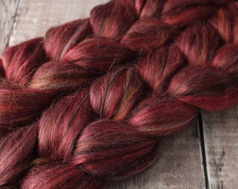 British wool, baby Alpaca & Mulberry Silk blended top spinning fibre 100g in ‘Rosewood’ red maroon fiber combed luxury BFL roving corriedale