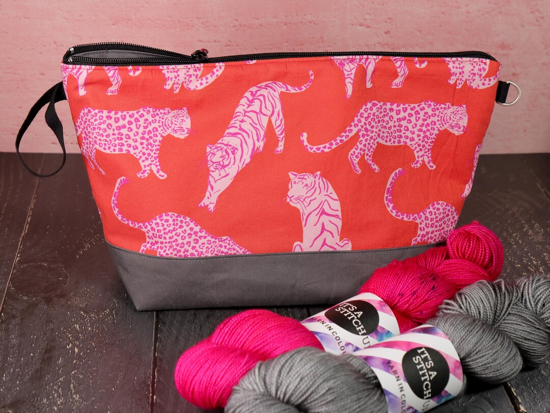 Medium Zip Project Bag - 'big Cats' Red Pink Leopard - for a