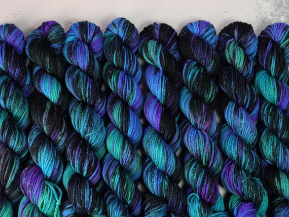 Worsted Supreme extra fine merino superwash wool hand dyed knitting yarn 50g - 'Outer Planets' neon purple turquoise green black variegated