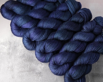 British Wool & Silk blend lace weight hand-dyed knitting yarn 100g - 'Midnight' dark blue semisolid BFL Bluefaced Leicester laceweight