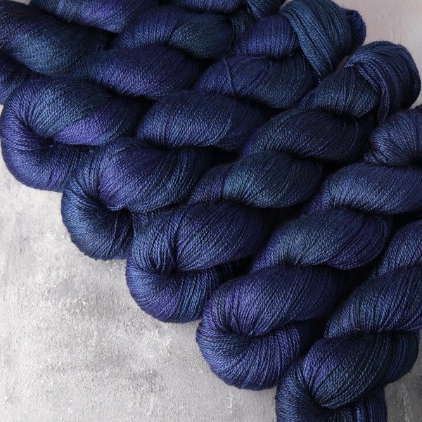 British Wool & Silk blend lace weight hand-dyed knitting yarn 100g - 'Midnight' dark blue semisolid BFL Bluefaced Leicester laceweight