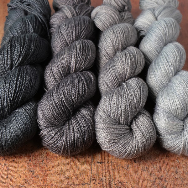 British Wool & Silk blend lace weight hand-dyed knitting yarn 100g: semi-solid neutral greys (choice of colour) BFL Bluefaced Leicester gray