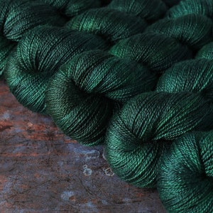 Lace weight British Wool & Silk hand-dyed knitting yarn 100g - &#39;Monstera&#39; dark green semi solid BFL Bluefaced Leicester laceweight blend