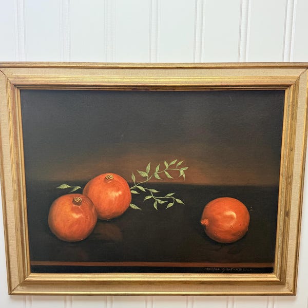 Reproduction of the still life painting by Michael Sanfratello of pomegranates