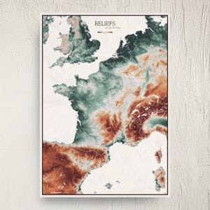 Carte reliefs France, Europe, montagnes – Cartographie artistique | Affiche cartographique murale | Massifs montagneux