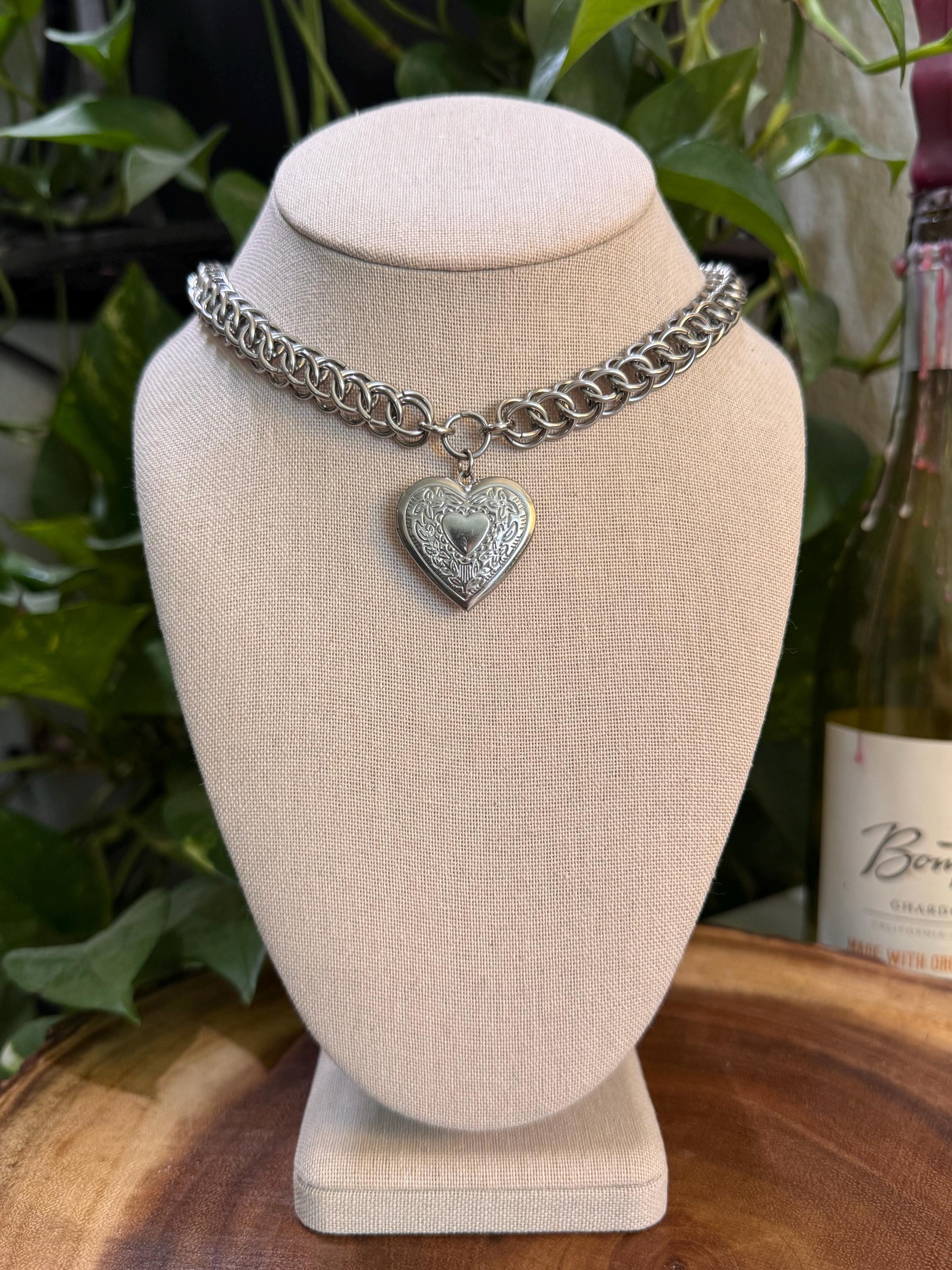 Handwoven Chainmaille Heart Locket Choker: Stainless Steel Heirloom