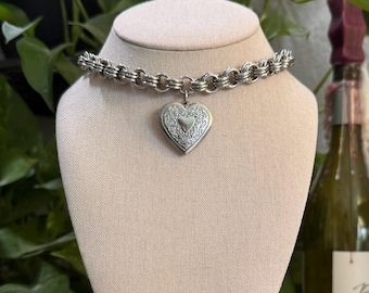 Chainmaille Locket Choker Necklace, hand woven All Stainless Steel, Alternative chain mail Heart Locket