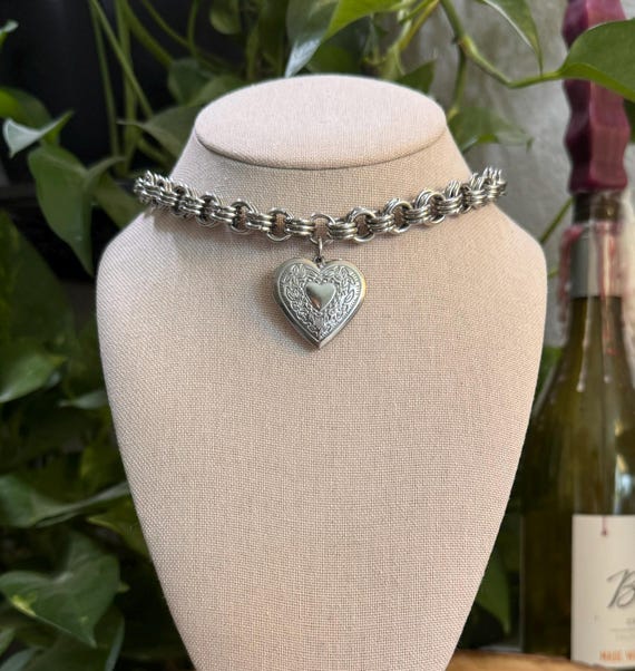 Chainmaille Locket Choker Necklace, Hand Woven All Stainless Steel