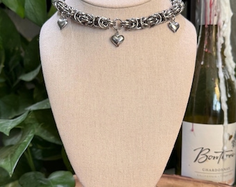 Chainmaille Choker Heart Necklace and Earrings set, Alternative Chain mail Jewelry