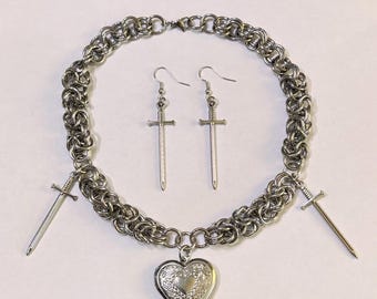 Handmade Stainless Steel Chainmaille Necklace & Sword Earrings: Byzantine Jewelry Set