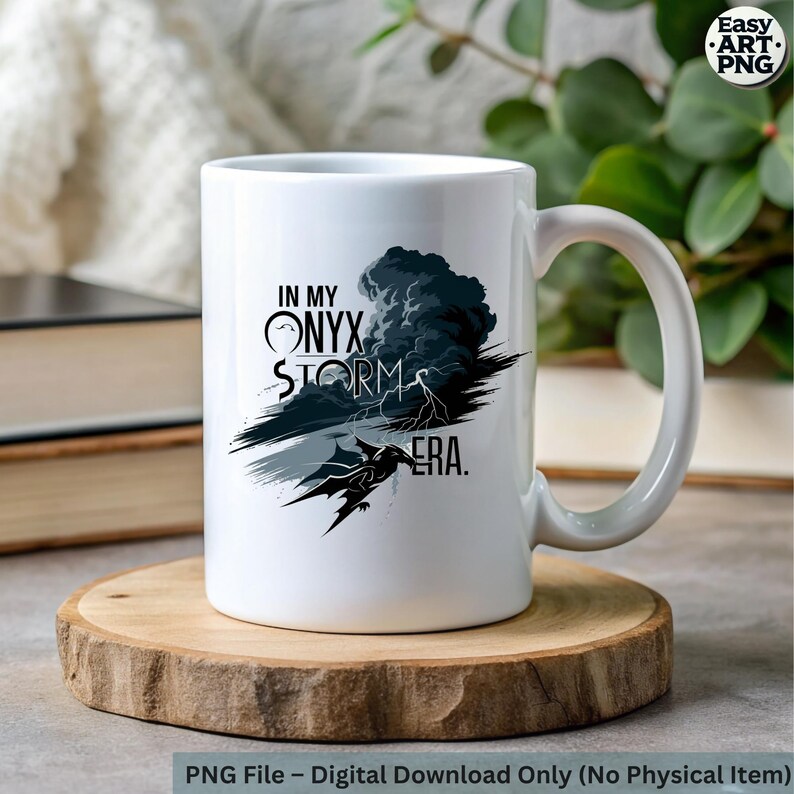 May include: White ceramic mug with a black and gray graphic design. The graphic features a dragon silhouette flying through a stormy sky with the text "In My Onyx Storm Era."
