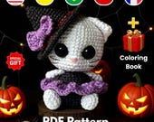 Halloween Witch Cat Crochet Pattern: Amigurumi Plushie + Coloring Book (PDF Download, 5 Languages