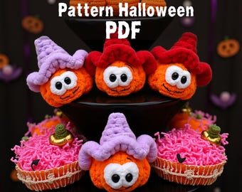 Kürbis Häkelanleitung PDF: Amigurumi Halloween Plüschtier mit Hexenhut
