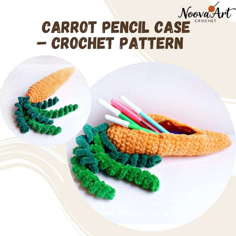 Carrot Pencil Case crochet pattern listing photo by NoovaArt