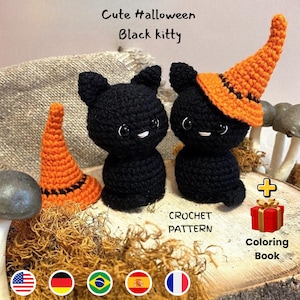 Gehaakt patroon zwarte kat kawaii halloween amigurumi met heksenhoed (pdf-zelfstudie)