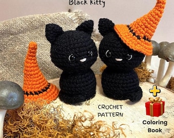 May include: Two black crochet cat figurines with white accents and orange witch hats. One hat is separate. The text "Cute Halloween Black kitty" is at the top. The image also includes a crochet pattern and coloring book.