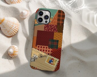 Coque de portable collage vintage en patchwork, housse esthétique courtepointe rétro, design cosy cottagecore fantaisiste, iPhone 17 16 15 14 13 12, Samsung S25