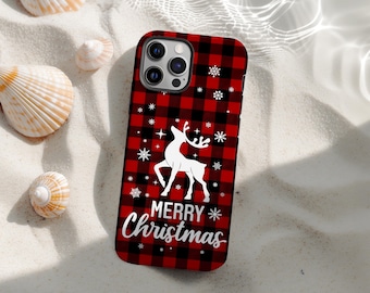 Karierte Rentier Weihnachten Handyhülle, Frohe Weihnachten Rot Schwarz Buffalo Karo Hülle, Urlaub Winter Deer, iPhone 17 16 15 14 13 12, Samsung