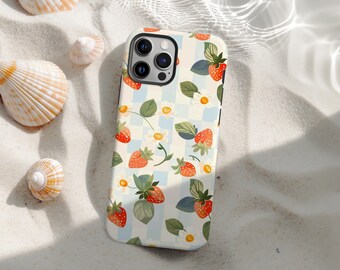 Watercolor Summer Strawberries Phone Case, Blue Plaid Strawberry Cover For iPhone 16 15 14 13 12 11 Pro Max