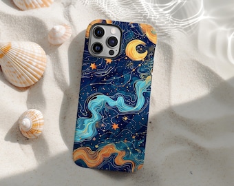 Swirling Starry Clouds Art Deco Celestial Phone Case, Blue Night Moon & Stars Cosmic River Cover for iPhone 17 16 15 14 13 12 11 Pro Max