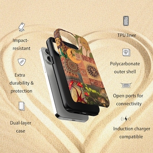 Puede incluir: Una funda de tel&eacute;fono de doble capa con un dise&ntilde;o de collage colorido con ilustraciones de retrato, sol y hongos. La funda tiene un forro de TPU negro y una carcasa exterior de policarbonato. Es resistente a los impactos y compatible con cargadores de inducci&oacute;n.