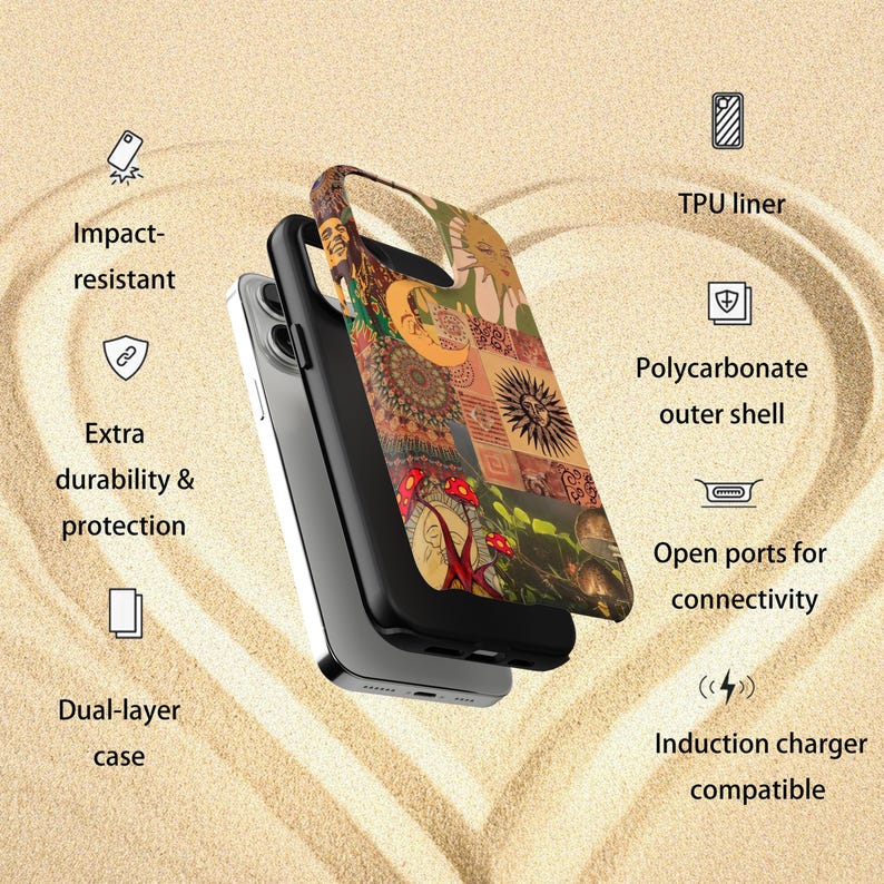 Puede incluir: Una funda de tel&eacute;fono de doble capa con un dise&ntilde;o de collage colorido con ilustraciones de retrato, sol y hongos. La funda tiene un forro de TPU negro y una carcasa exterior de policarbonato. Es resistente a los impactos y compatible con cargadores de inducci&oacute;n.