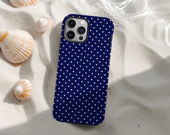 Custodia per telefono a pois blu navy, cover estetica retrò minimale, custodia protettiva con motivo a pois classico, iPhone 17 16 15 14 13 12 11 Pro Max