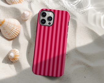 Classic Striped Light Pink & Hot Pink Tough Phone Case, Y2K Retro Candy Stripe Cover, iPhone 17 16 15 14 13 12 11 Pro Max X XS XR